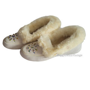 Vintage Sioux Mex Off White Fur Lined Beaded Cozy Comfy Style‎ Slippers